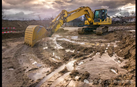 Heavy excavator operating safely at an unpaved construction project site in South Africa